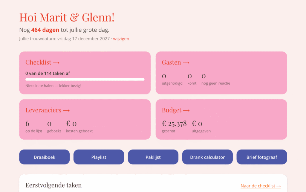 Het dashboard van de gratis bruiloftplanner van Girls of Honour, met de trouwdatum en de eerstvolgende taken